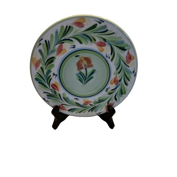 Gail Pittman 7” Plate with Black Stand Ivory/Off White Multi Color Mainly Greens - Picture 5 of 5